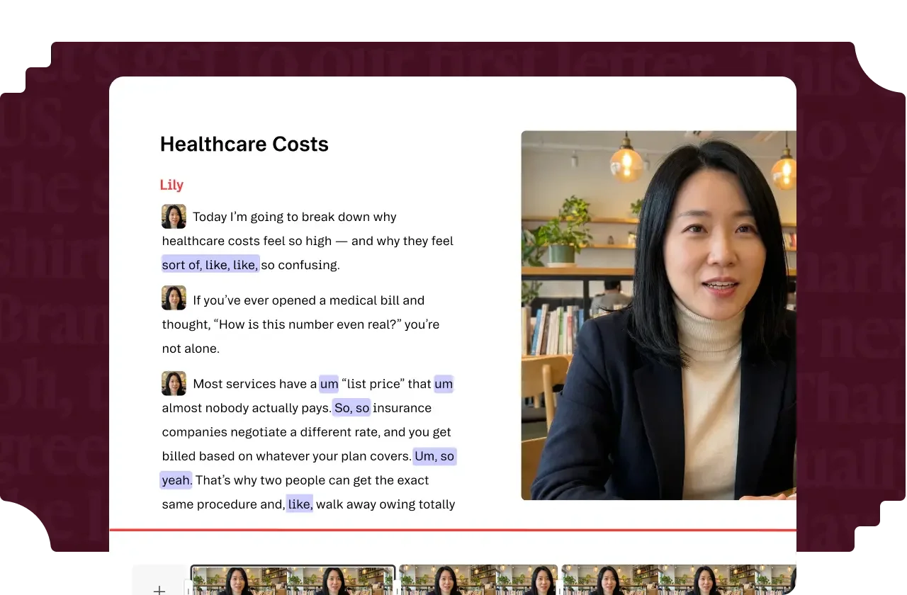 Descript video editing preview with transcript and timeline